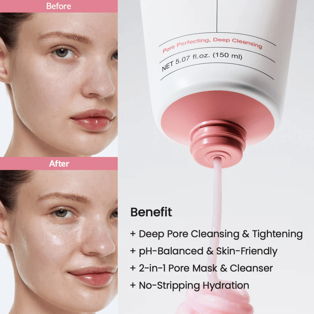 Before and after images of a woman's skin with improved radiance, as well as pink cleanser being poured from a tube. Text lists benefits such as deep pore cleansing, pH-balanced formula, 2-in-1 mask and cleanser, and moisturizing effect.