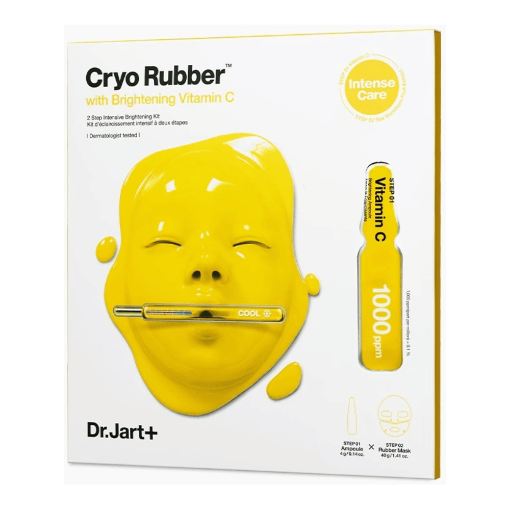 Dr.Jart+ beauty product named 'Cryo Rubber™ with Brightening Vitamin C'. The packaging shows a yellow face mask dripping with liquid. It is mentioned that it is a '2 Step Intensive Brightening KIT' and that it is 'dermatologically tested'. Illustration of 'Vitamin C 1000ppm' is found on the right.