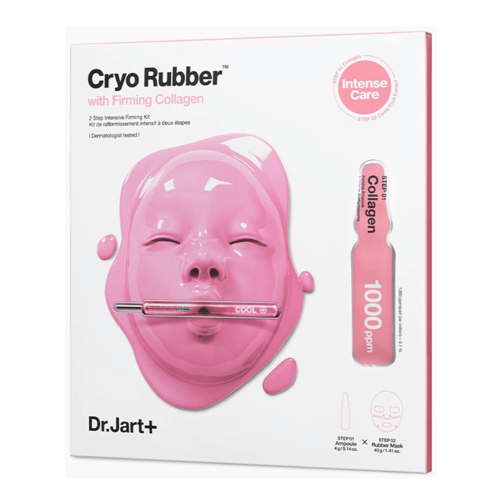 An image of Dr.Jart+'s Cryo Rubber™ with Firming Collagen product, showing a pink face mask and description of the contents.