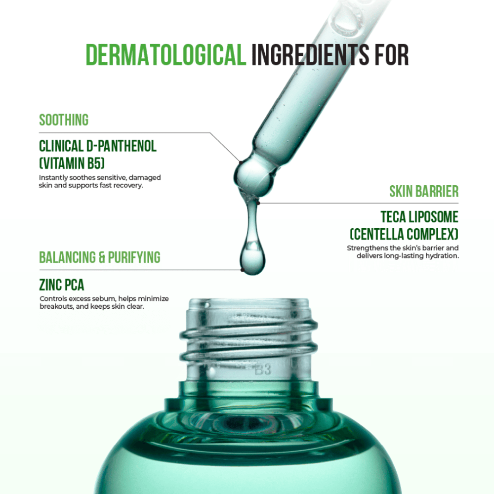 Close-up of pipette with dripping serum, highlighted ingredients such as D-Panthenol, Zinc PCA, and Centella Complex for skin barrier and hydration.