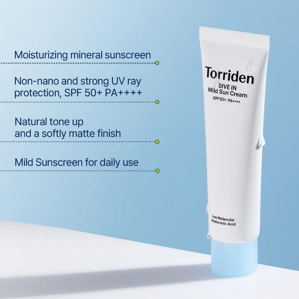A tube of sunscreen stands against a light blue background with text describing properties such as SPF 50+, hydration, and daily use.