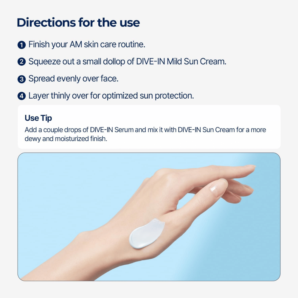 Instructional image showing how the product is used step by step. Below the text, a hand is shown with a dab of sunscreen on the back against a light blue background.