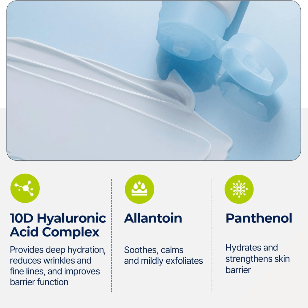 Close-up of the sunscreen's texture spread on a blue surface. Below, ingredients and their functions are shown, such as hyaluronic acid, allantoin, and panthenol.