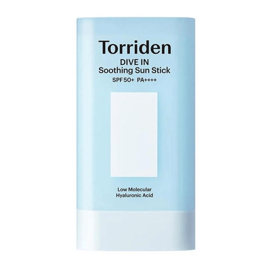 Torriden DIVE IN Soothing Sun Stick SPF50+ PA++++ with low molecular weight hyaluronic acid in light blue packaging against a neutral background.