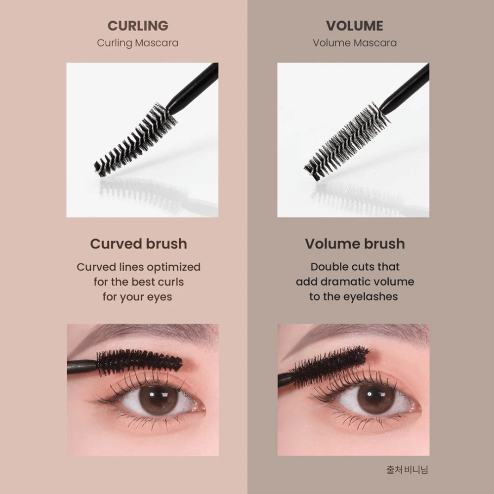 Comparison between Heimish Dailism Smudge Stop Mascara Curling and Volume showing the difference between curled lashes and intense volume.
