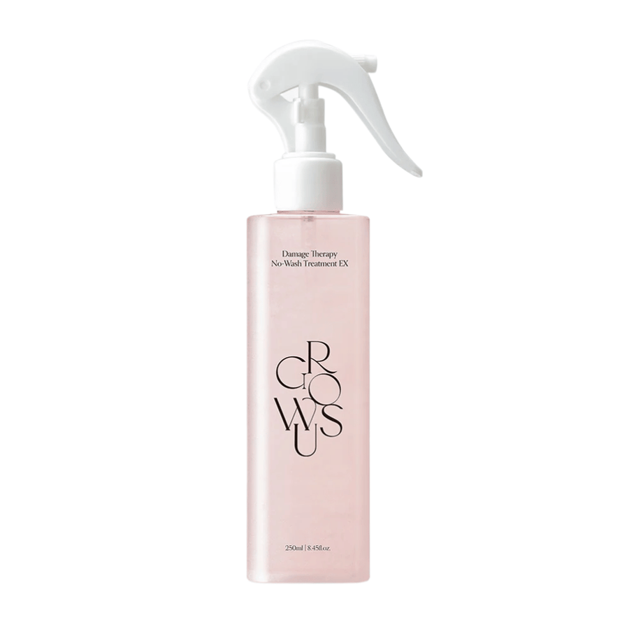 Cutout product image of GROWUS Damage Therapy No-Wash Treatment EX in a pink spray bottle with a leave-in formula for moisturizing and caring for damaged hair.