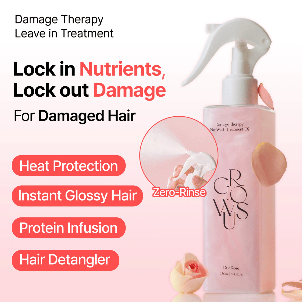 Promotional image for GROWUS Damage Therapy No-Wash Treatment EX focusing on heat protection, shine, protein care, and detangling effect for damaged and dry hair.