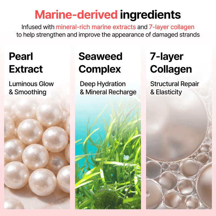 Informational image about marine ingredients in GROWUS Damage Therapy No-Wash Treatment EX with pearl extract, seaweed complex, and 7-layer collagen for shine and moisture.