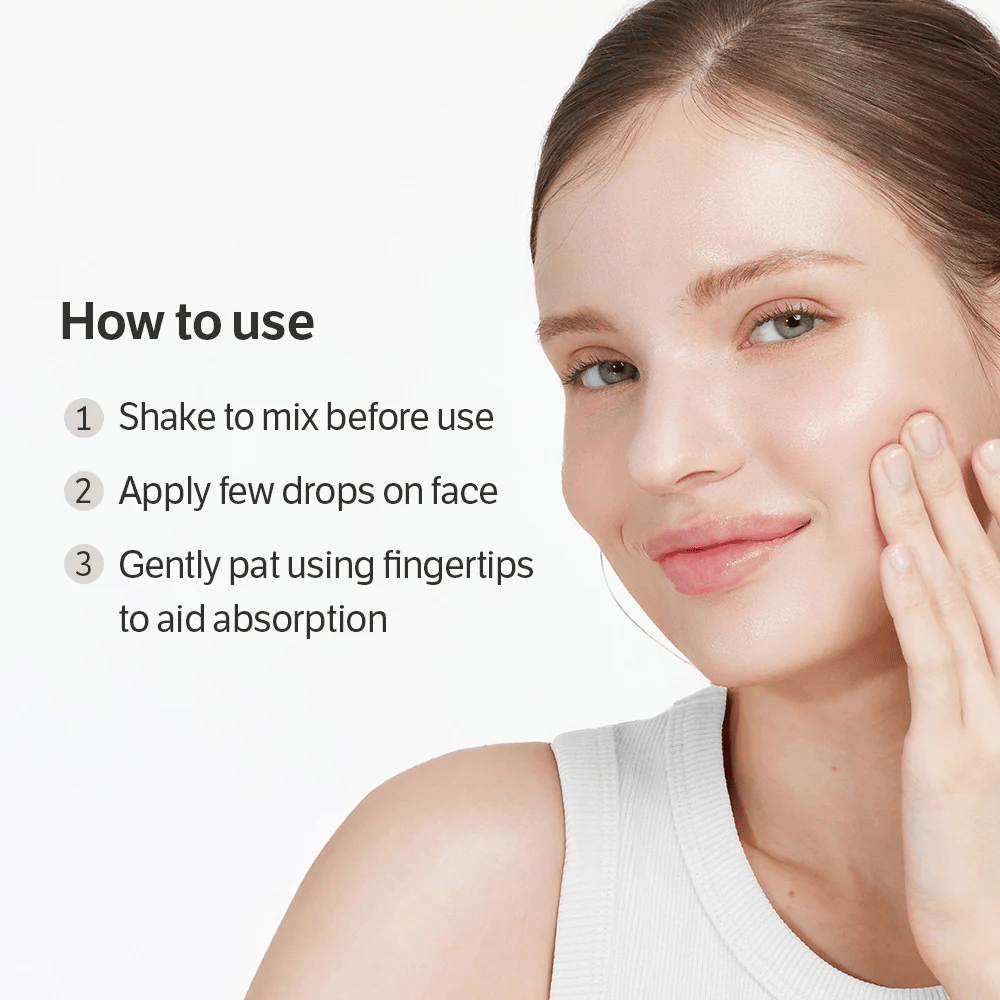 Instructional image showing how the serum is used – shake, apply a few drops, and pat in. Person with glowing skin demonstrates the usage.