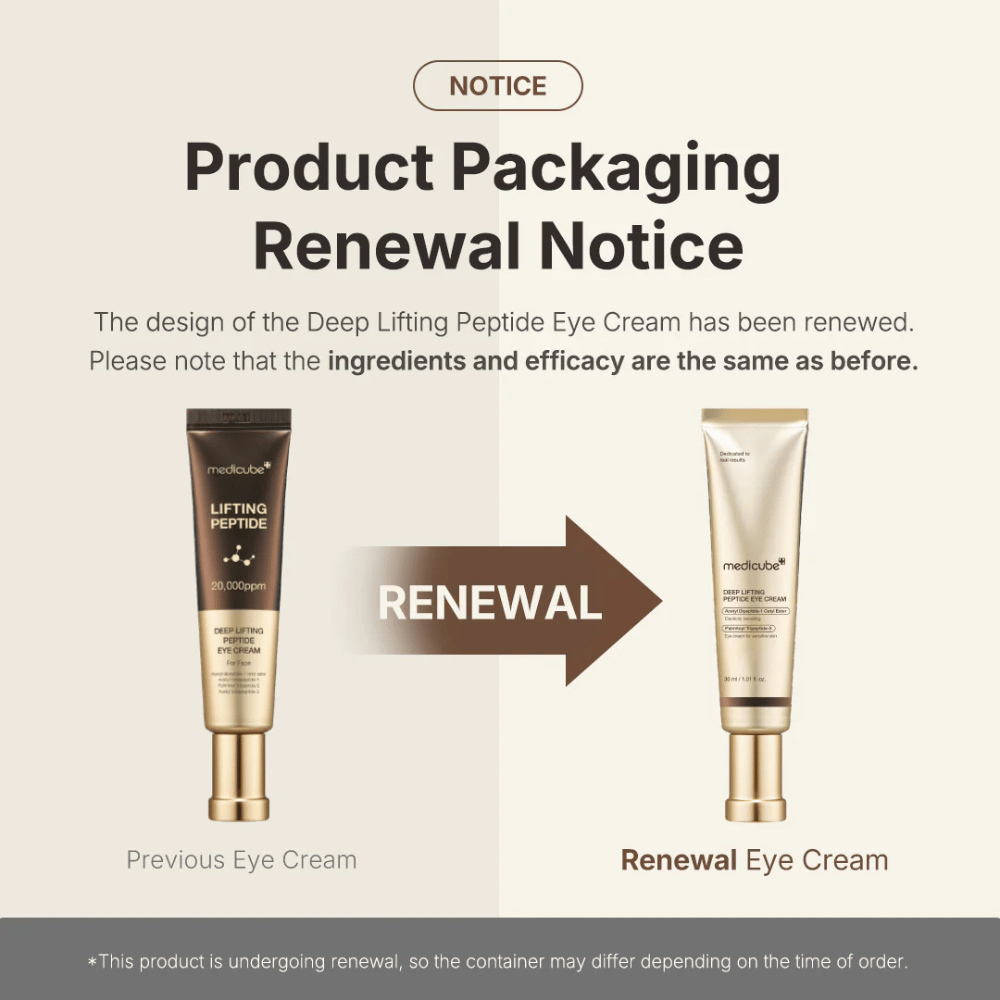 Medicube Deep Lifting Peptide Eye Cream – new packaging, same effective peptide formula that lifts and tightens the skin around the eyes.