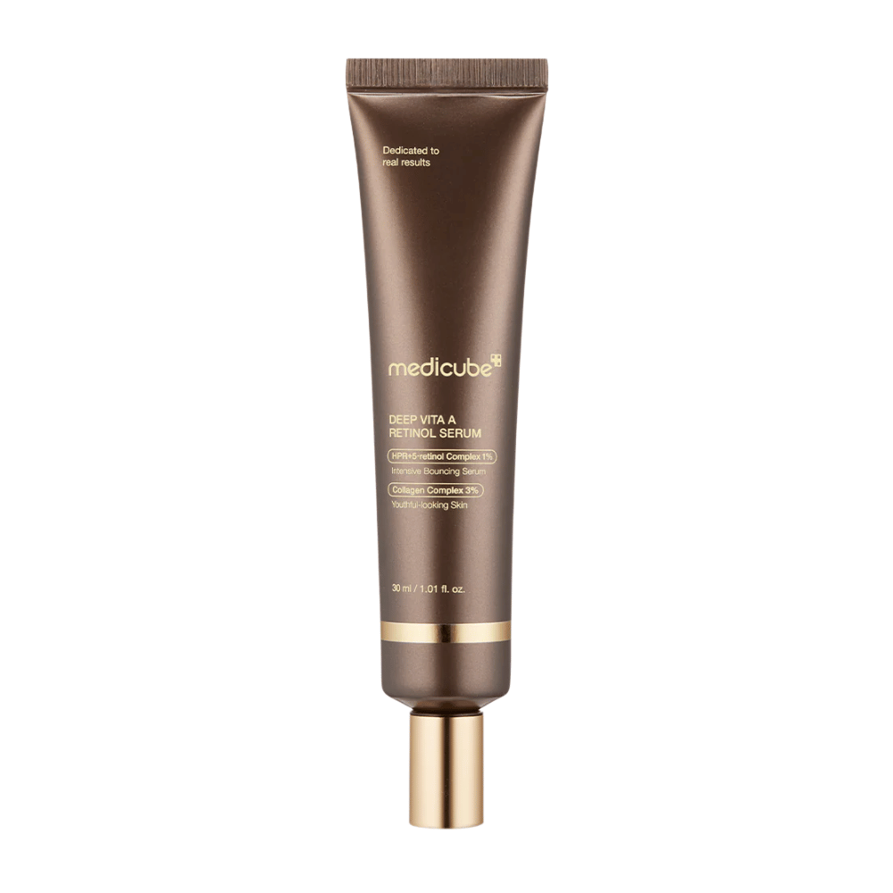 Medicube Deep Vita A Retinol Serum in brown tube with gold details, an anti-aging product that combines retinol and collagen for firmer skin.