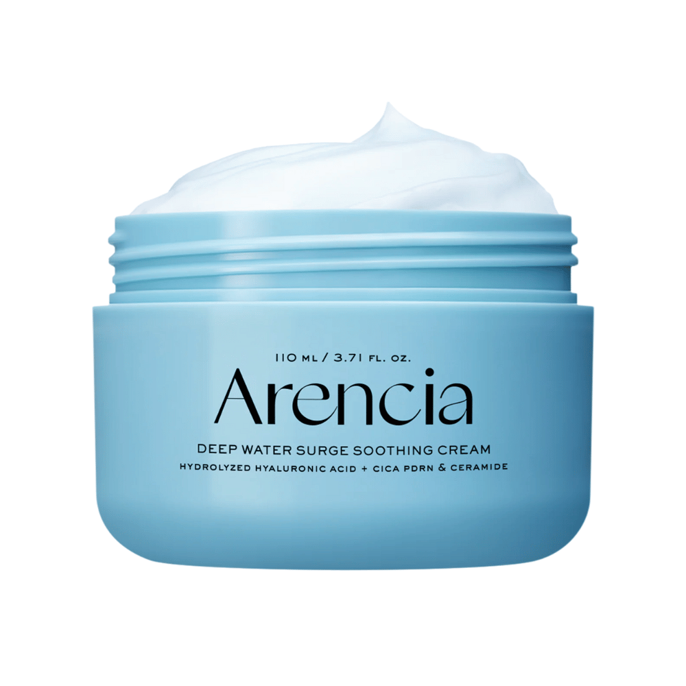 Close-up of Arencia Deep Water Surge Soothing Cream showing the cream's soft, cooling texture for deep hydration of dry and sensitive skin.