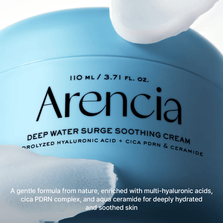 Arencia Deep Water Surge Soothing Cream with hyaluronic acid, Cica PDRN and ceramides – soothing face cream that deeply hydrates and strengthens the skin barrier for sensitive and dry skin.