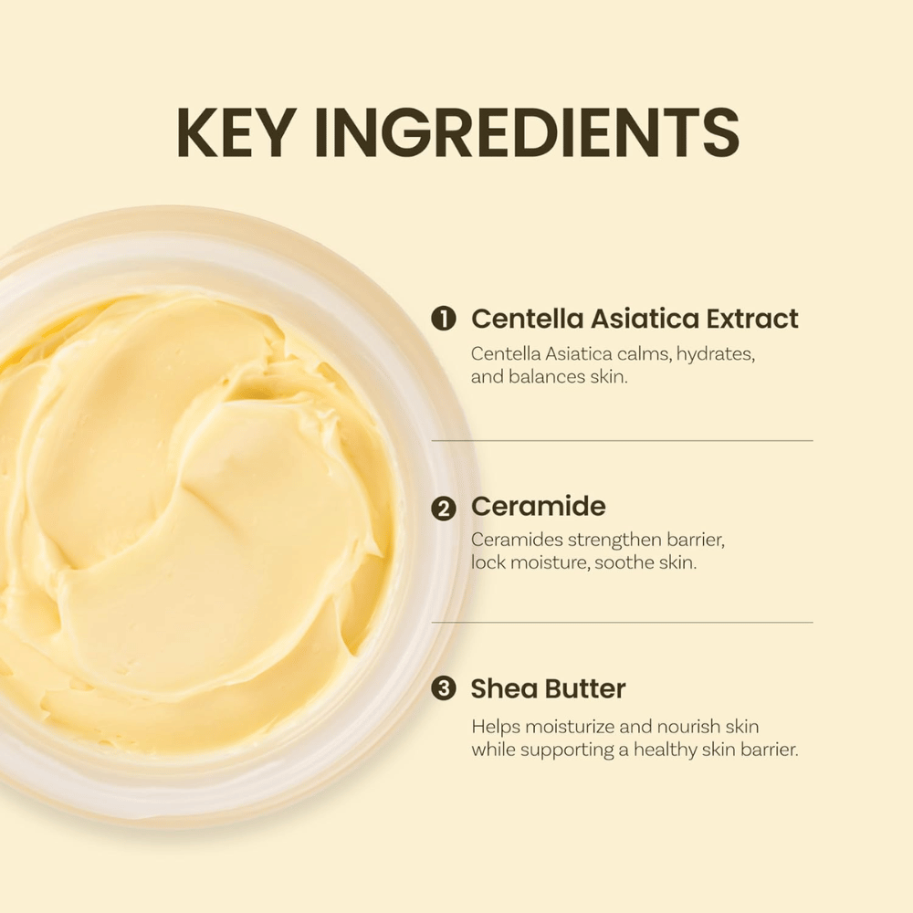 Key ingredients in Ongredients Deep Calming Cream: Centella Asiatica, ceramides, and shea butter that moisturize and balance the skin.