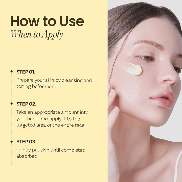 Instruktioner för Ongredients Deep Calming Cream – applicera efter rengöring och toner, klappa in krämen försiktigt tills den absorberats.