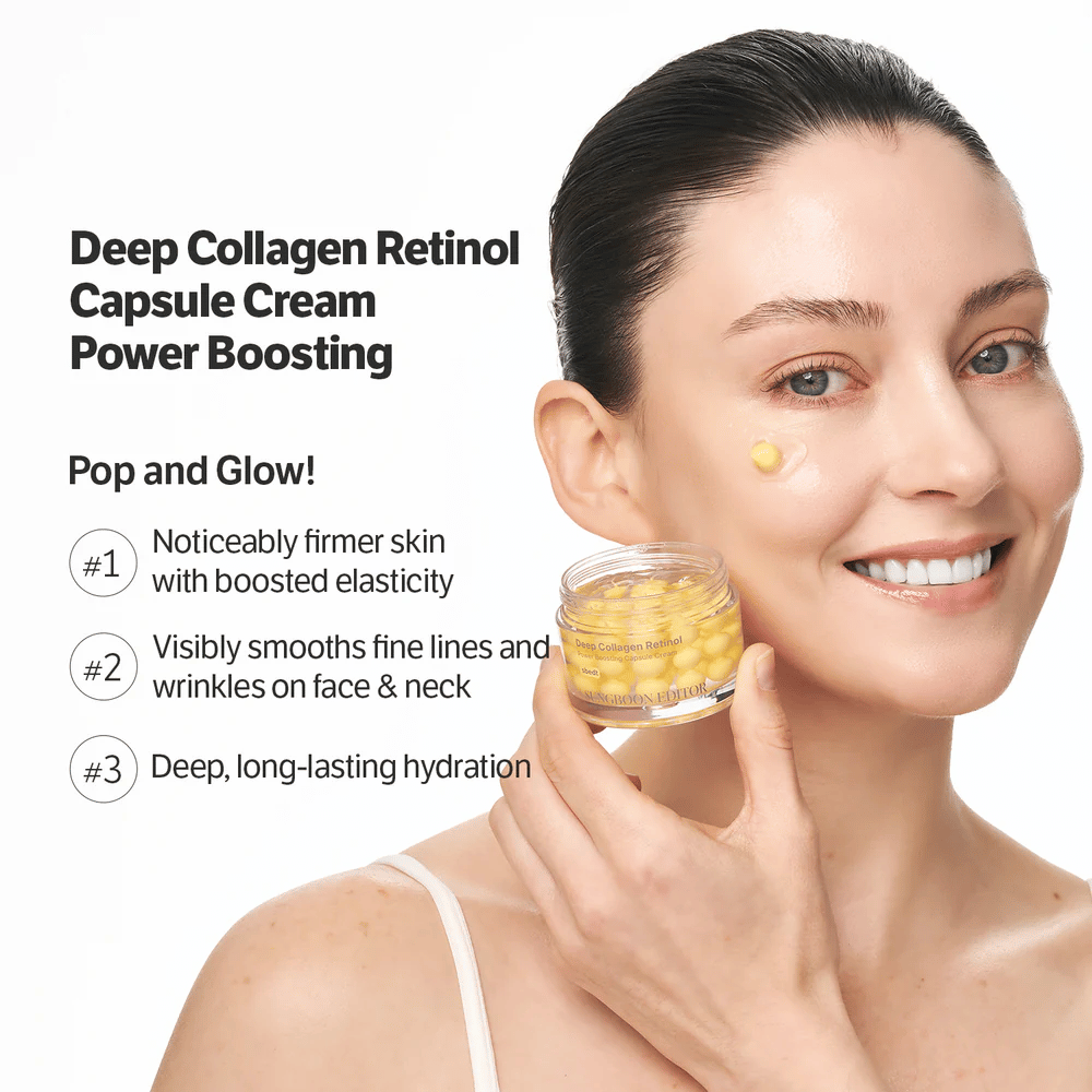 Smiling person applies Sungboon Editor Deep Collagen Retinol Capsule Cream on the cheek. Cream that tightens the skin and smooths out lines.