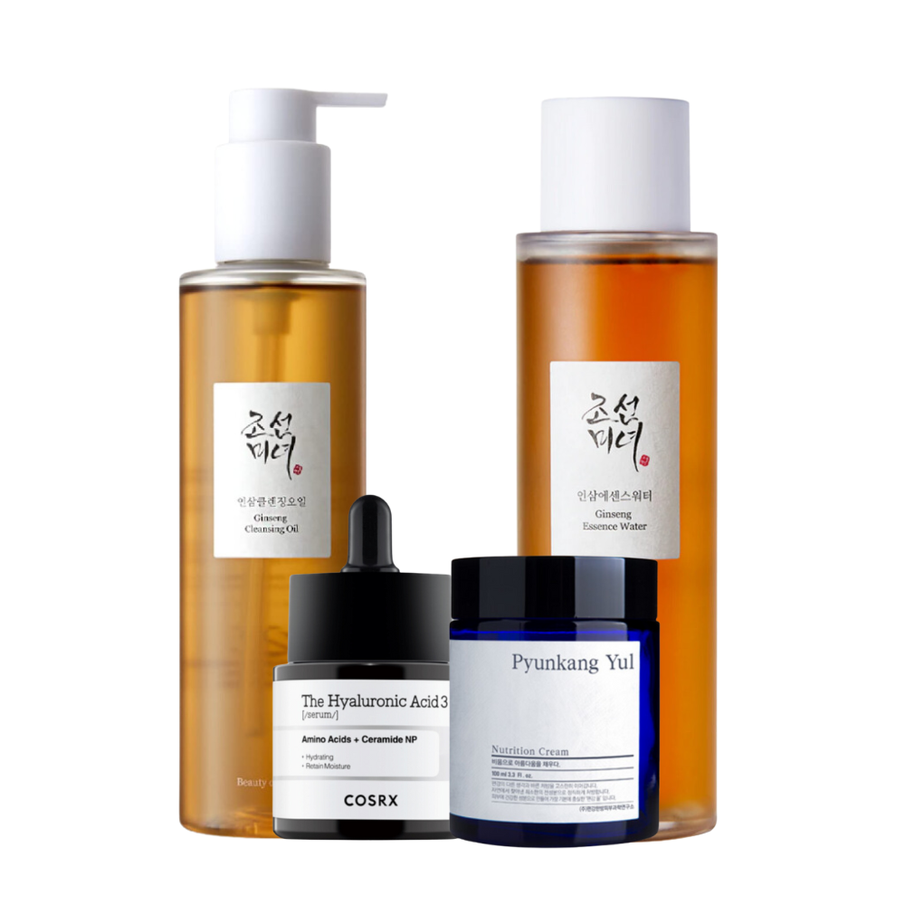 Beauty products including ginseng cleansing oil, ginseng essence water, COSRX hyaluronic acid serum, and Pyunkang Yul nourishing cream.