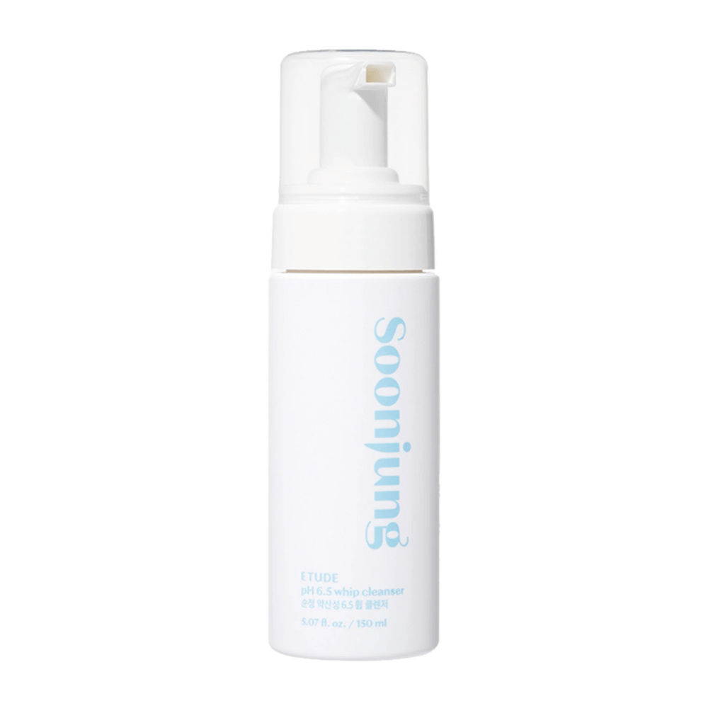 A white pump bottle with the text "Soon Jung pH 6.5 Whip Cleanser" from ETUDE, contains 5.07 oz. / 150 ml. The design is simple and modern with a clean white background.