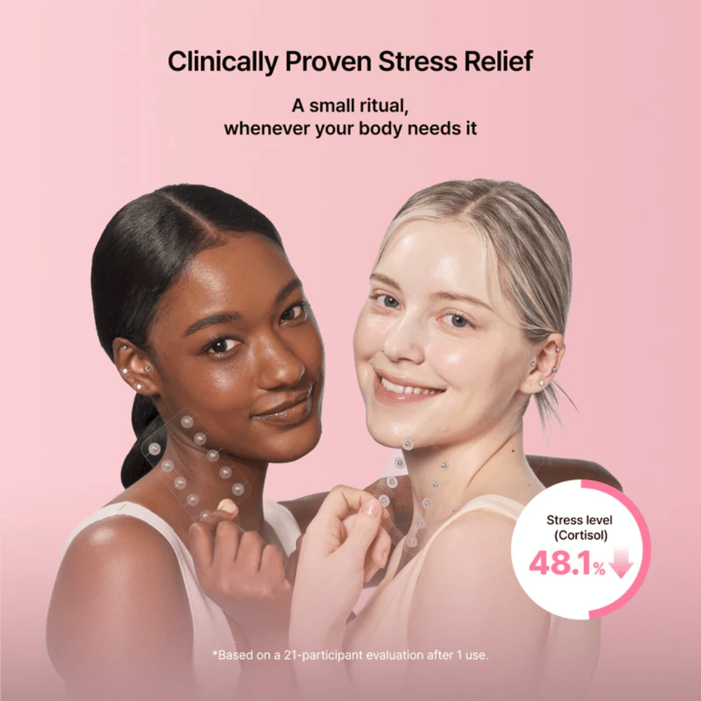 Two models show the use of RETURNITY Ear Therapy Acupressure Patch. The image highlights clinically evaluated results linked to stress reduction and well-being.