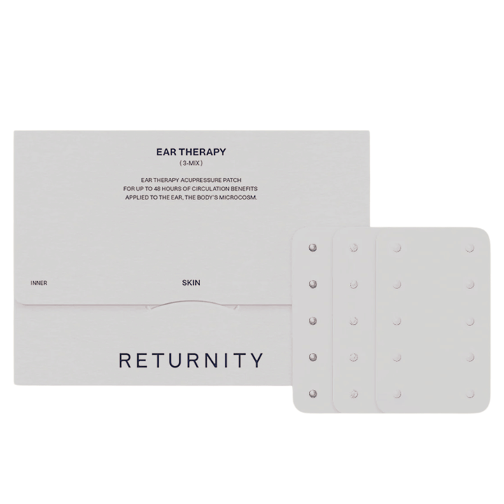 RETURNITY Ear Therapy Acupressure Patch 30pcs (3-Mix) with packaging and three different types of acupressure patches. The set contains several variants for customized ear acupressure and daily use.
