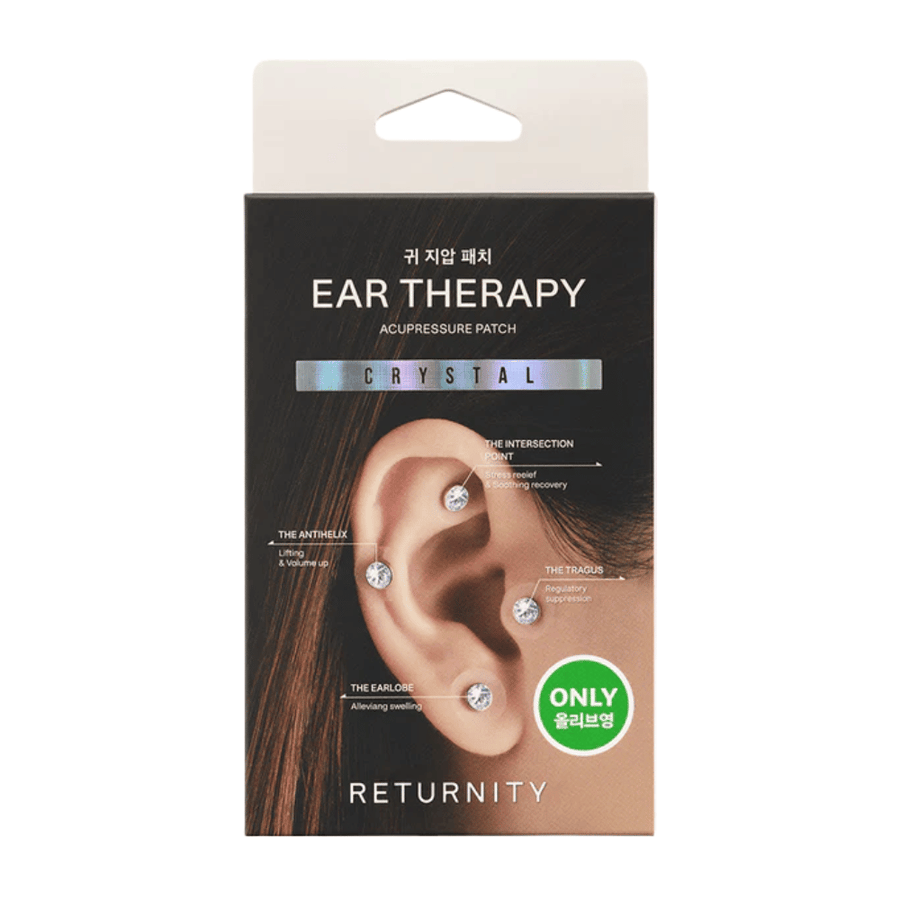 Packaging of RETURNITY Ear Therapy Acupressure Patch Crystal with decorative crystal patches for ear acupressure and focus on specific ear points.