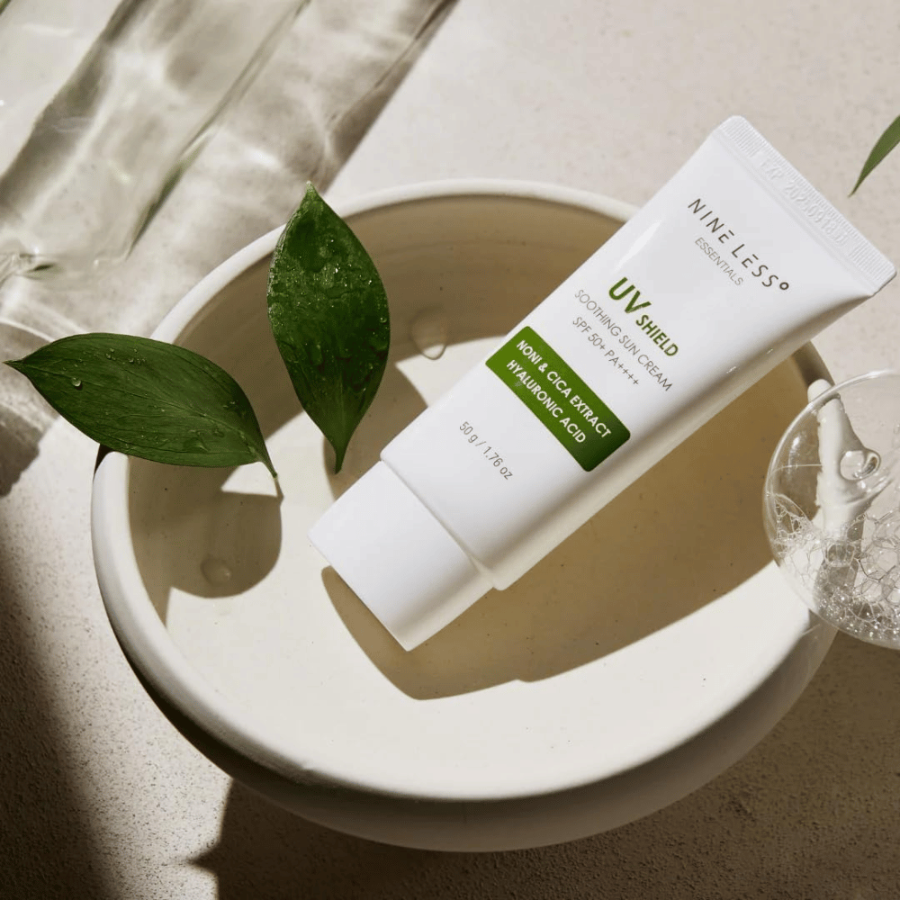 NINE LESS Essentials UV Shield Soothing Sun Cream SPF 50+ PA++++ with soothing noni and cica extracts as well as hyaluronic acid for daily sun protection and hydration.