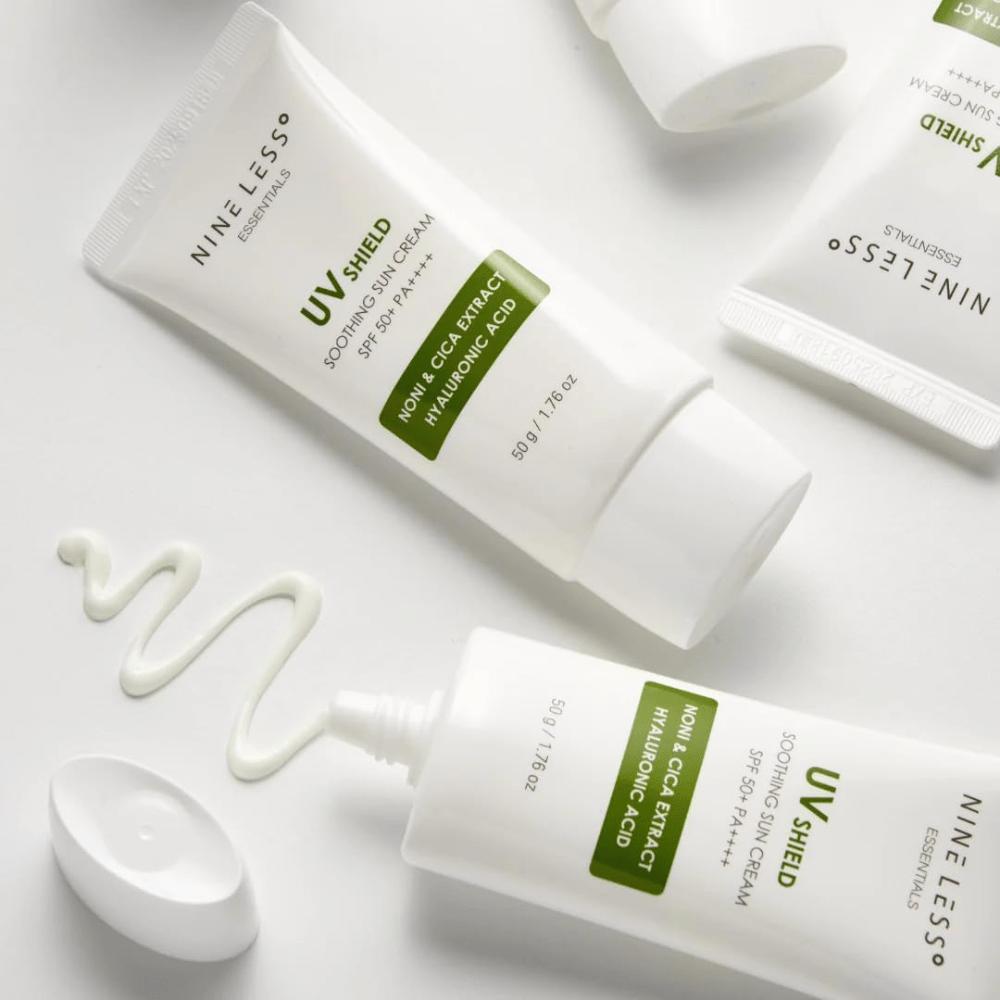 NINE LESS Essentials UV Shield Soothing Sun Cream SPF 50+ PA++++ with noni, cica, and hyaluronic acid that hydrates and protects the skin against UVA and UVB rays.