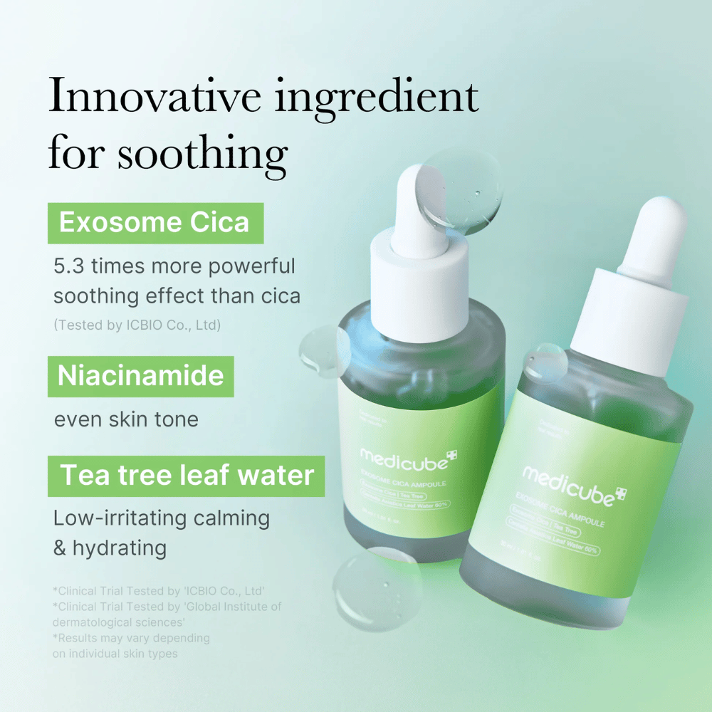 Two bottles of Medicube Exosome Cica Ampoule, formulated with Exosome Cica, niacinamide, and tea tree leaf water for soothing effect.