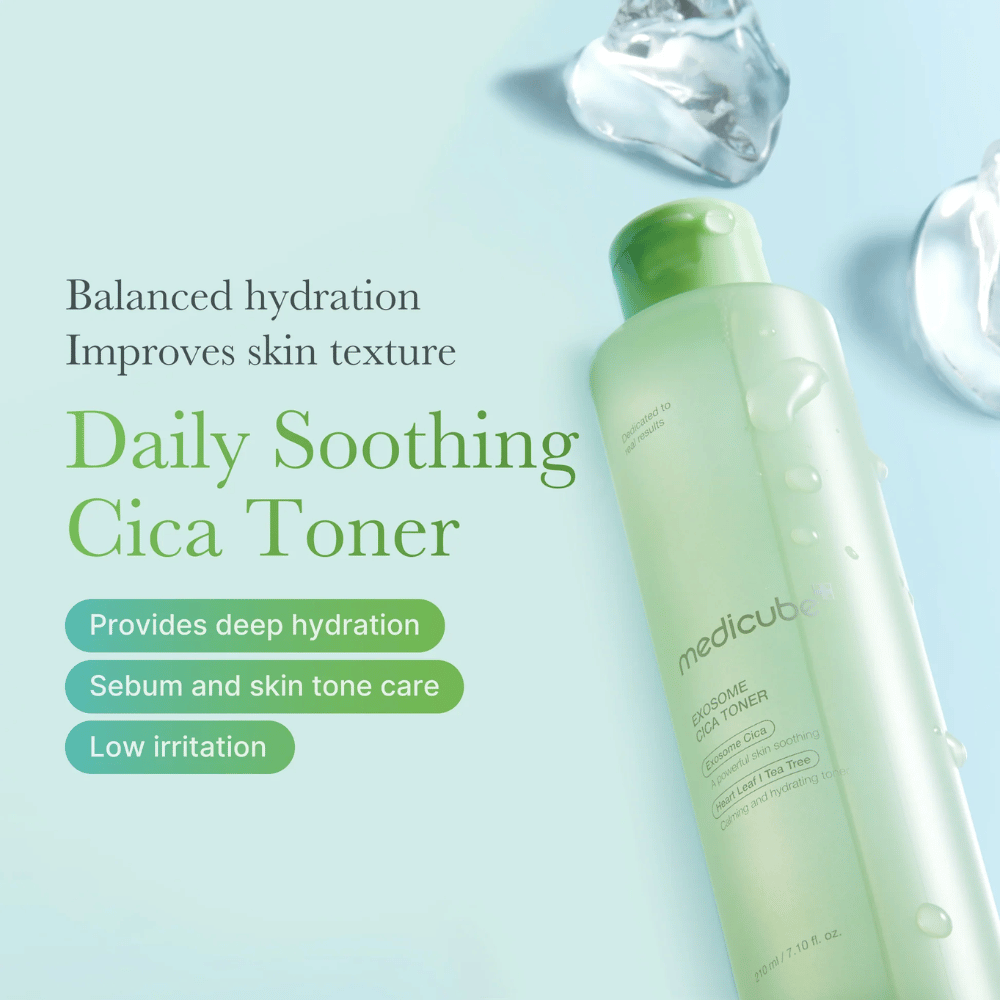 Medicube Exosome Cica Toner next to ice cubes, marketed with Benefits: deep hydration, sebum control, and low irritation.