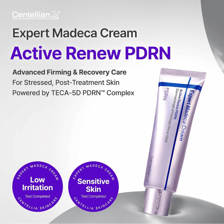Centellian24 Expert Madeca Cream Active Renew PDRN product image in a tube with low irritation and adapted for sensitive skin with repairing properties