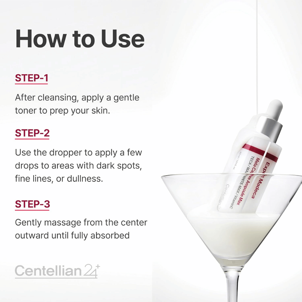 Centellian24 Expert Madeca Mela Capture Ampoule Max – apply a few drops to areas with dark spots, fine lines, or dull skin and massage in gently.