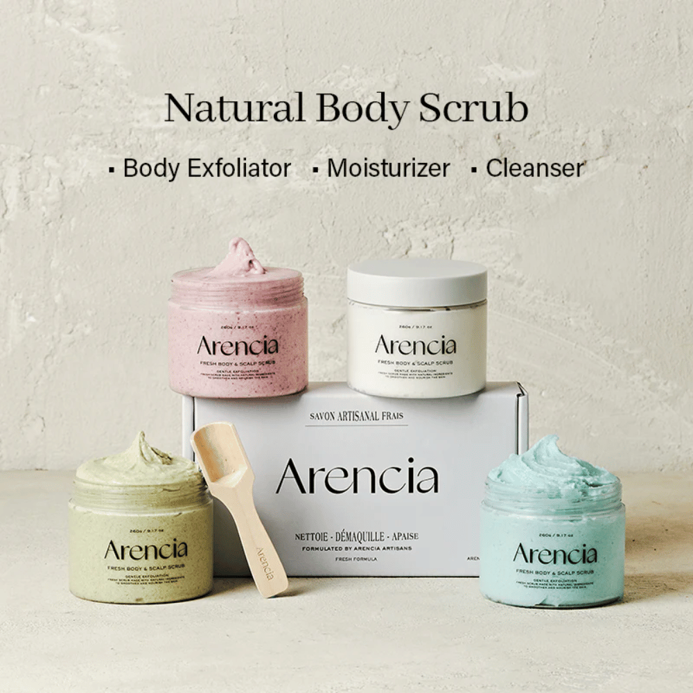 Arencia Fresh Cloud Body & Scalp Scrub in several variants displayed together. Natural body scrub and scalp scrub that cleanses, exfoliates, and moisturizes the skin.