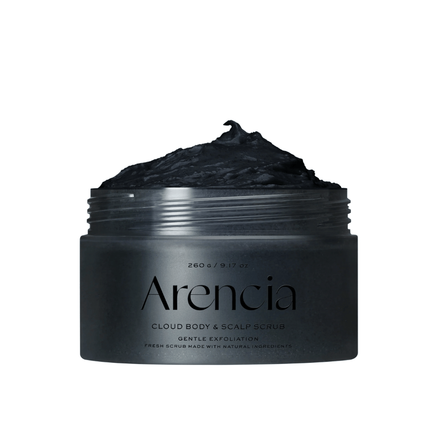 Arencia Cloud Body & Scalp Scrub with black exfoliating texture in an open jar, body scrub and scalp scrub that gently exfoliates and cleanses.