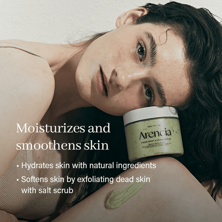 Model resting with Arencia Fresh Cloud Body & Scalp Scrub. Moisturizing body scrub that softens the skin and gently exfoliates for a smoother result.