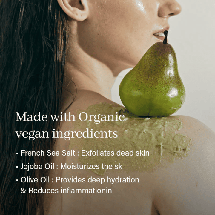 Model with body scrub applied on shoulder and back, Arencia body scrub with natural ingredients and fruit extracts.