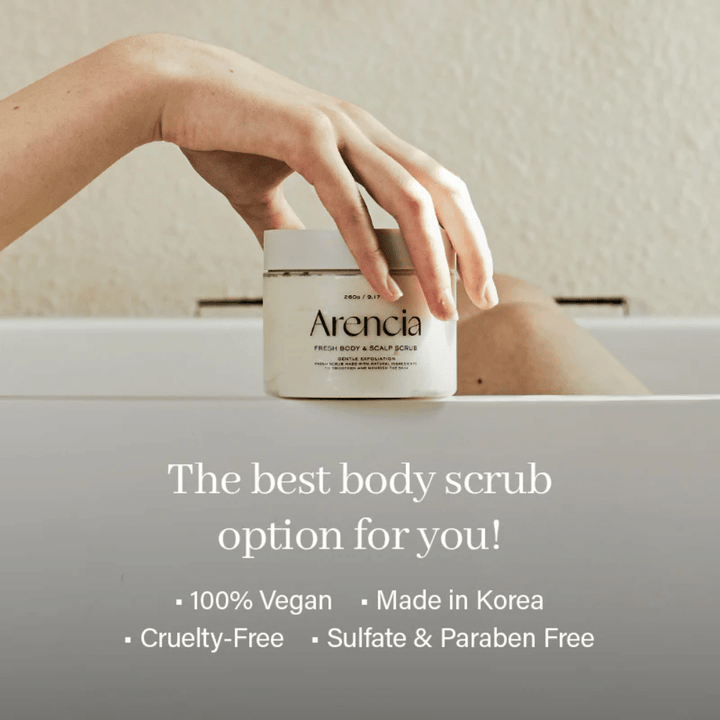 Arencia Fresh Body & Scalp Scrub placed by the bathtub, natural body scrub that exfoliates and nourishes the skin with a mild formula.