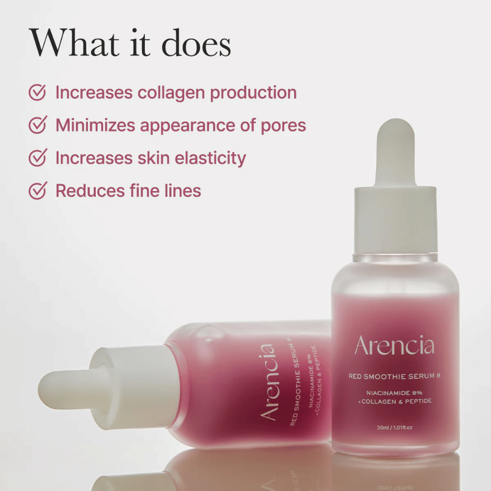 Two bottles of Arencia Red Smoothie Serum 8 are shown with text about effects such as increased collagen production, reduced pores, improved elasticity, and reduced fine lines.