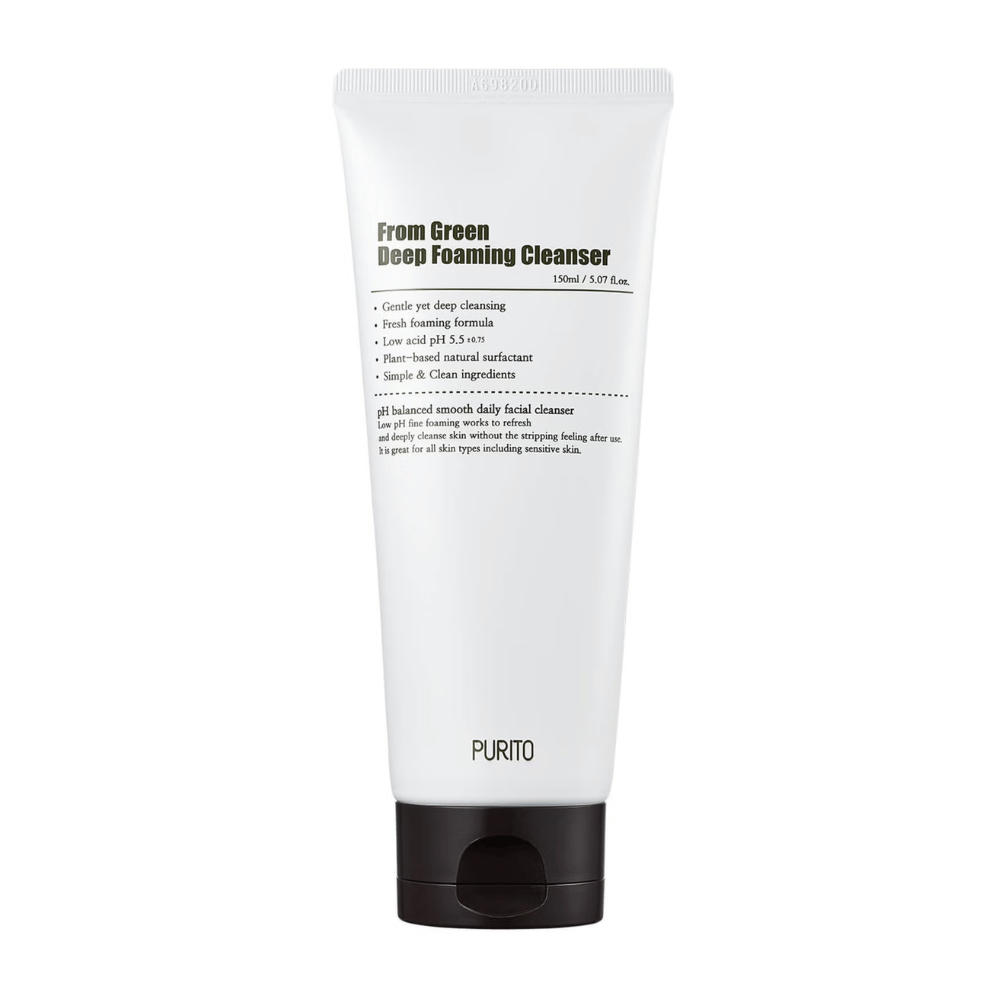 Purito From Green Deep Foaming Cleanser is a deep cleansing facial wash with a gentle formula based on plant-based surfactants. Its low pH value of 5.5 helps maintain the skin's natural balance, making it ideal for all skin types, including sensitive skin.