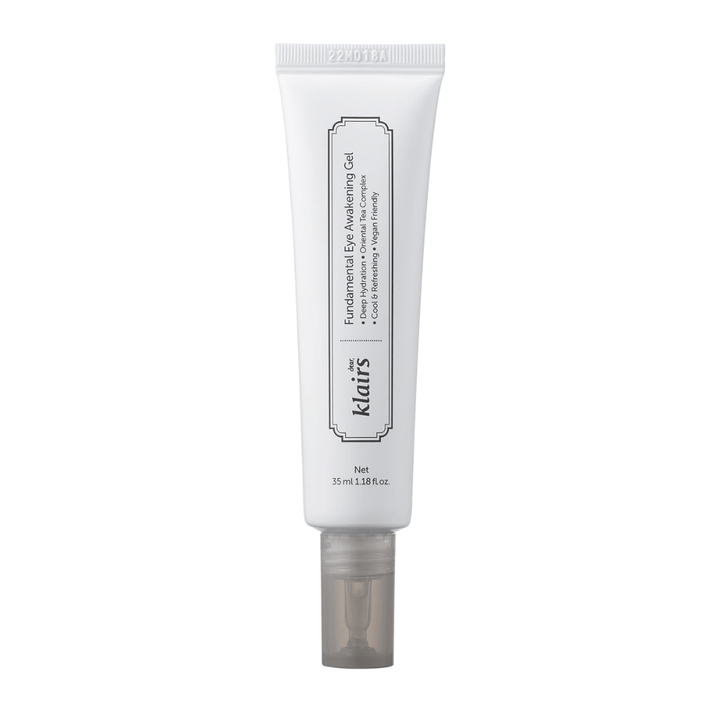 Cut-out product image of Klairs Fundamental Eye Awakening Gel against a white background. The tube is shown from the front to clearly present the product name, size, and the clean, minimalist design that characterizes Klairs products.