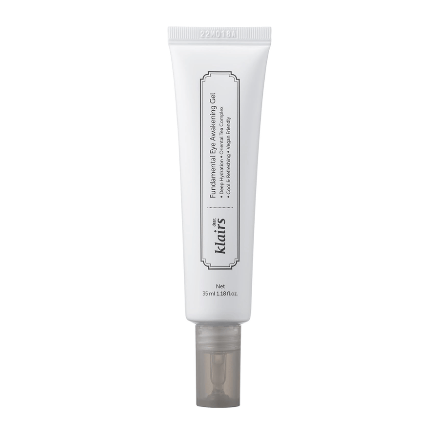 Cut-out product image of Klairs Fundamental Eye Awakening Gel against a white background. The tube is shown from the front to clearly present the product name, size, and the clean, minimalist design that characterizes Klairs products.