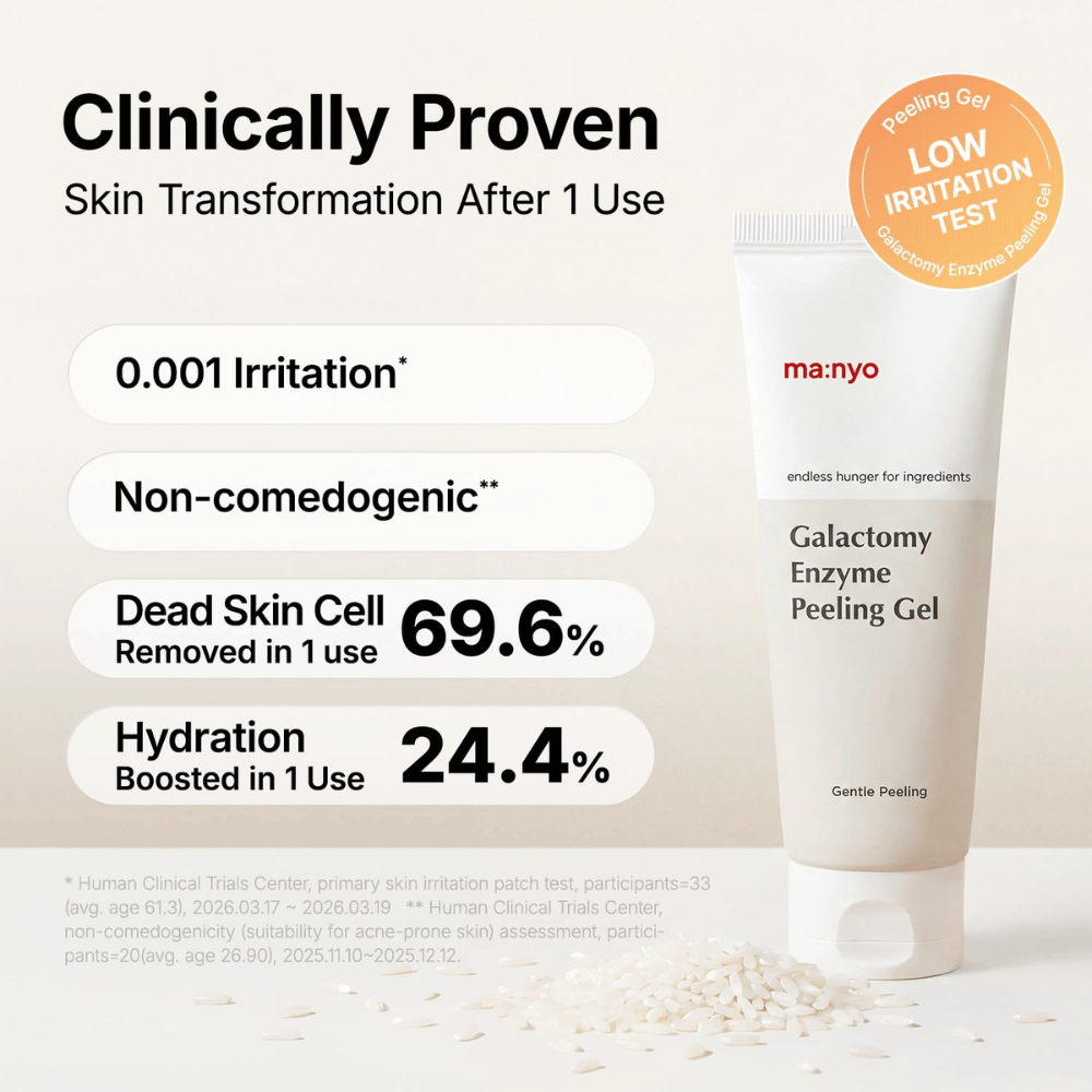 ma:nyo Galactomy Enzyme Peeling Gel with clinical test results for exfoliation, moisturization, and a skin-friendly formula.