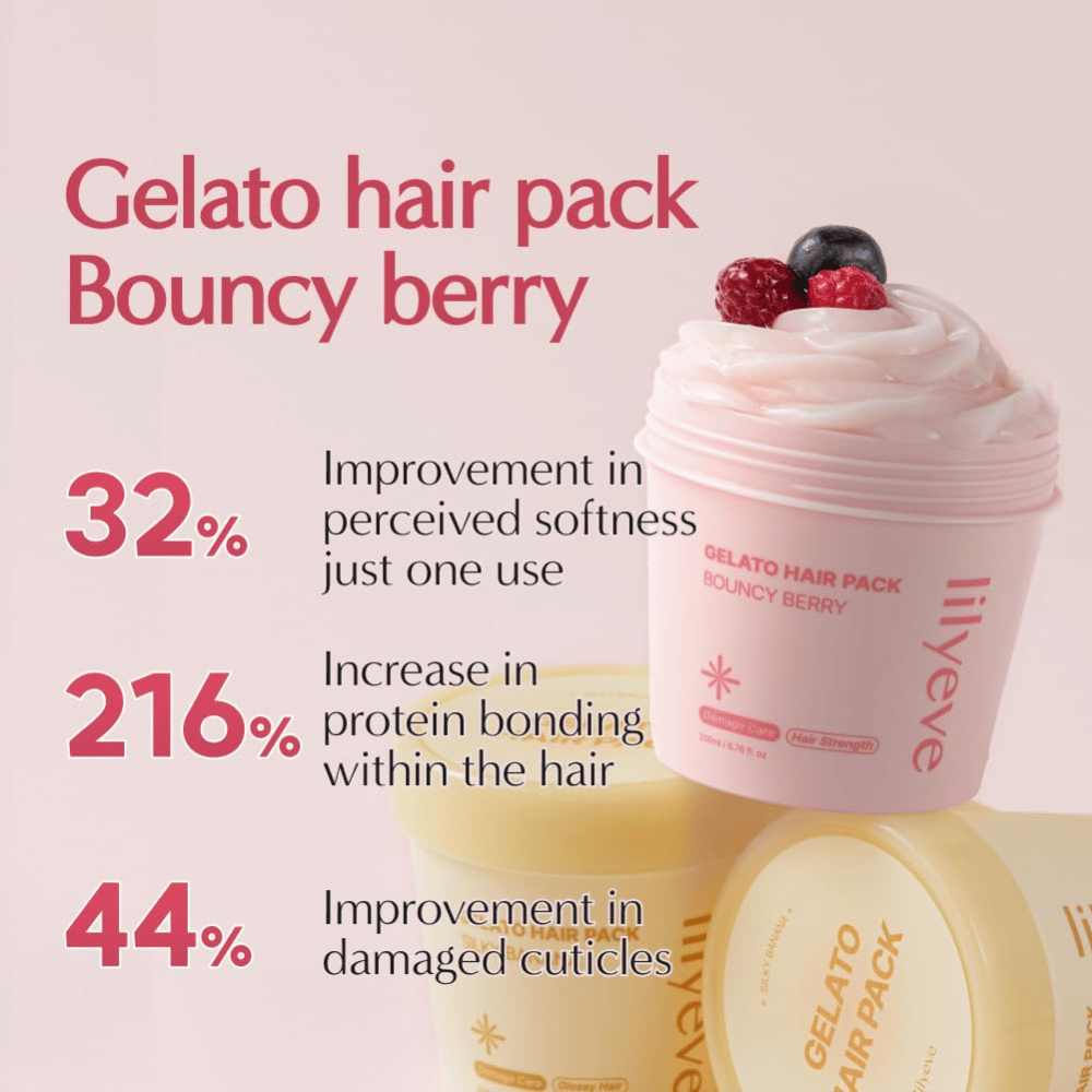 LILYEVE Gelato Hair Pack Bouncy Berry – strengthening protein mask for softer hair and care for damaged hair strands.