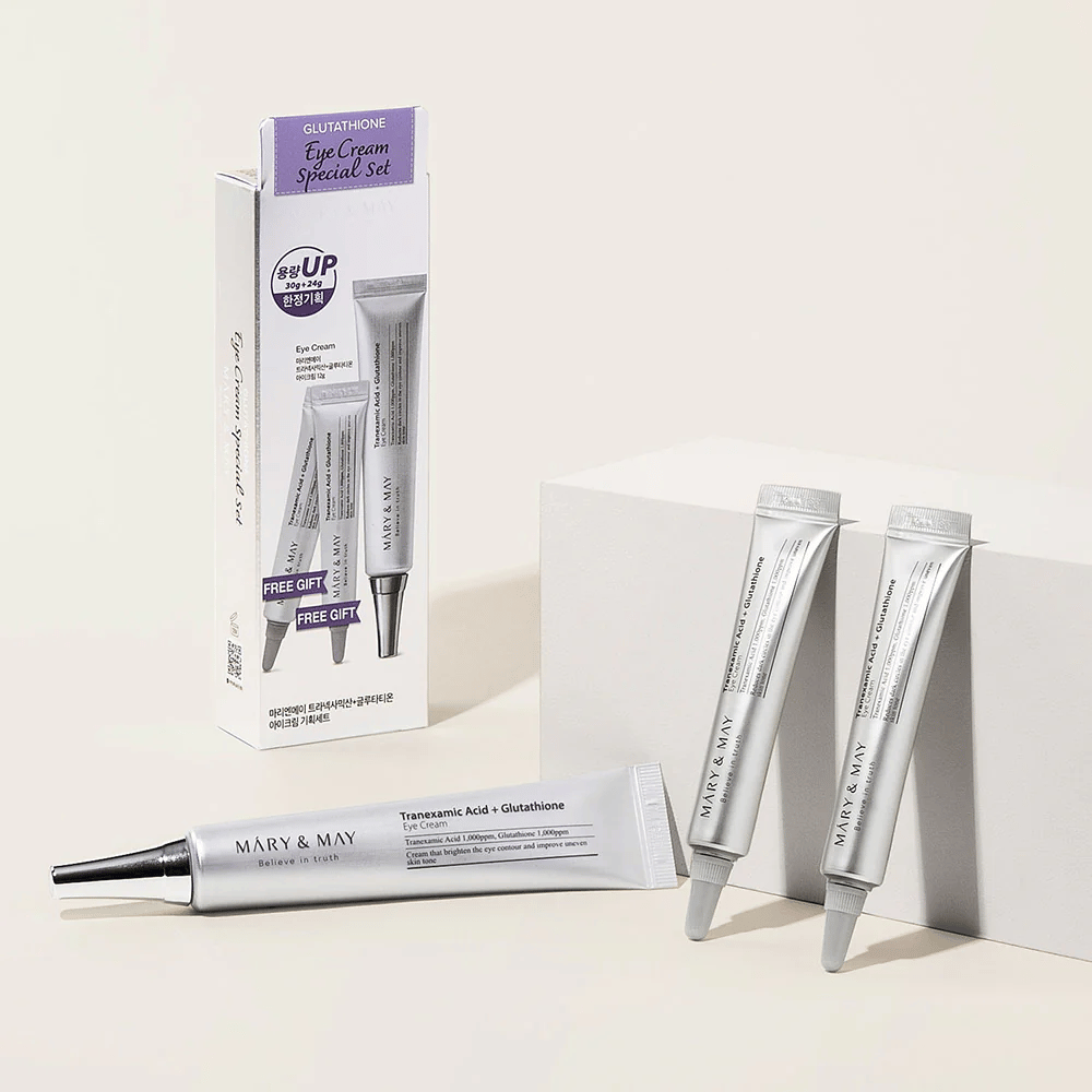 Mary&May Tranexamic Acid + Glutathione Eye Cream Special Set with original packaging and extra tubes, a complete set for radiance-giving and smoothing eye care.