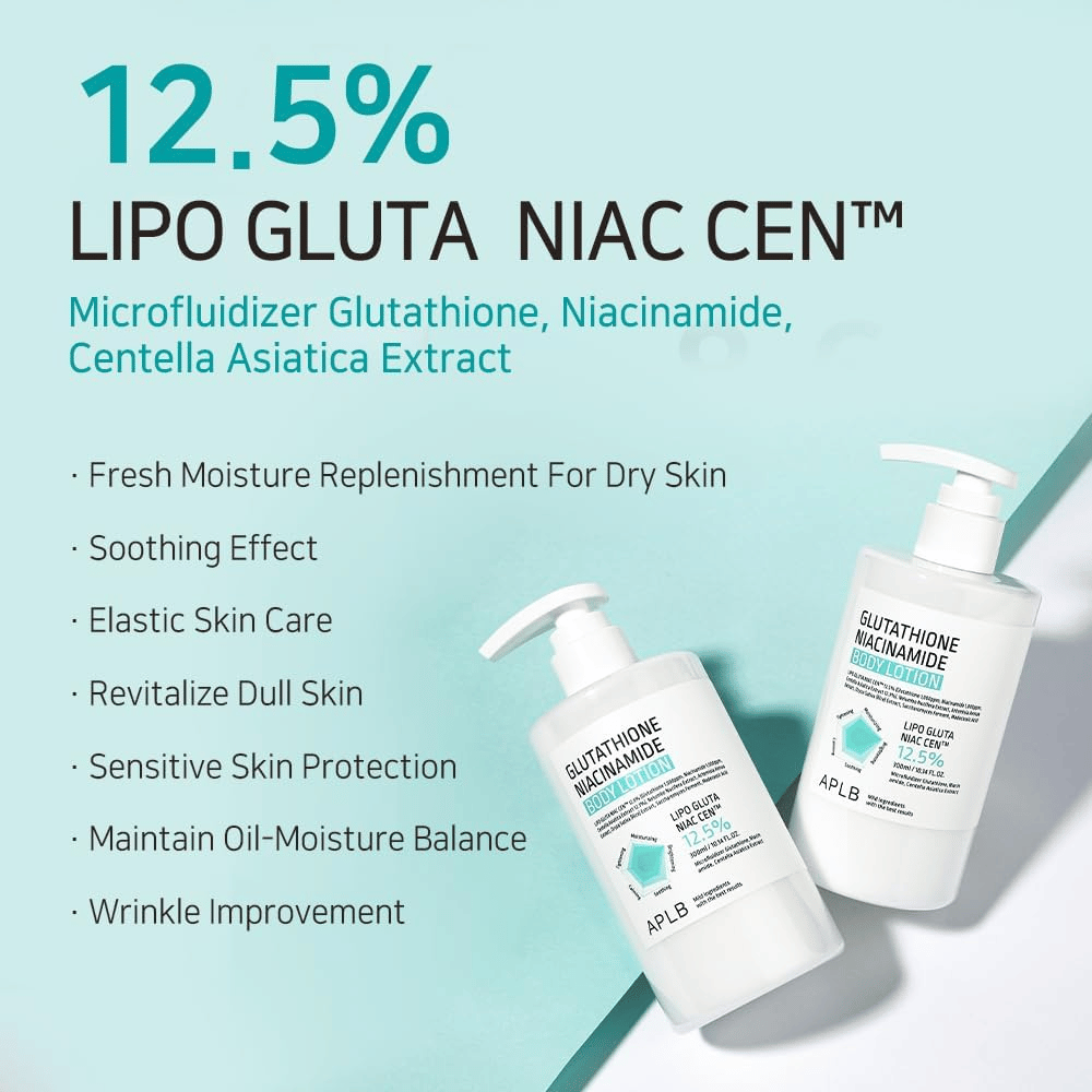 APLB Glutathione Niacinamide Body Lotion 12.5% Lipo Gluta Niac Cent with hydration, skin balance, anti-aging effect, and protection for sensitive skin