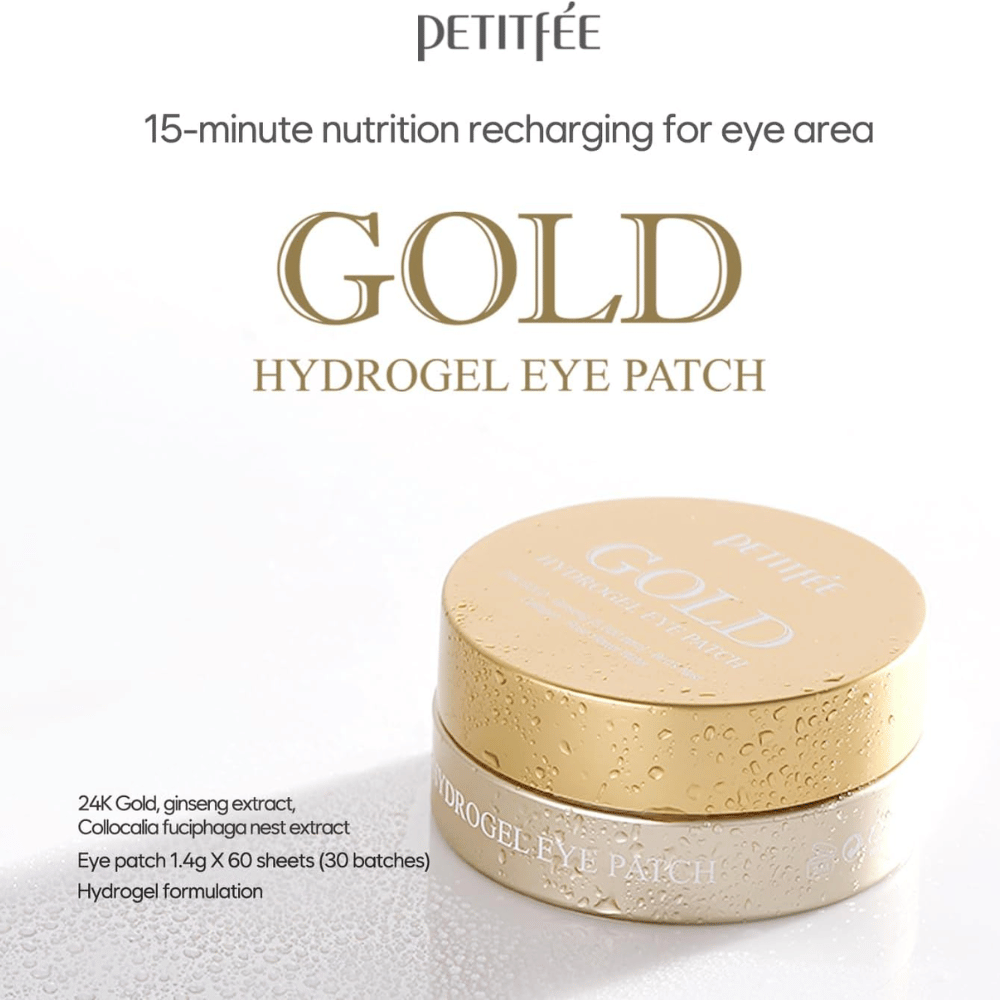 Stylish product image of PETITFEE Gold Hydrogel Eye Patch with gold-colored packaging on a light background. The text highlights ingredients such as 24K gold, ginseng, and a hydrogel formula for hydration and glow.