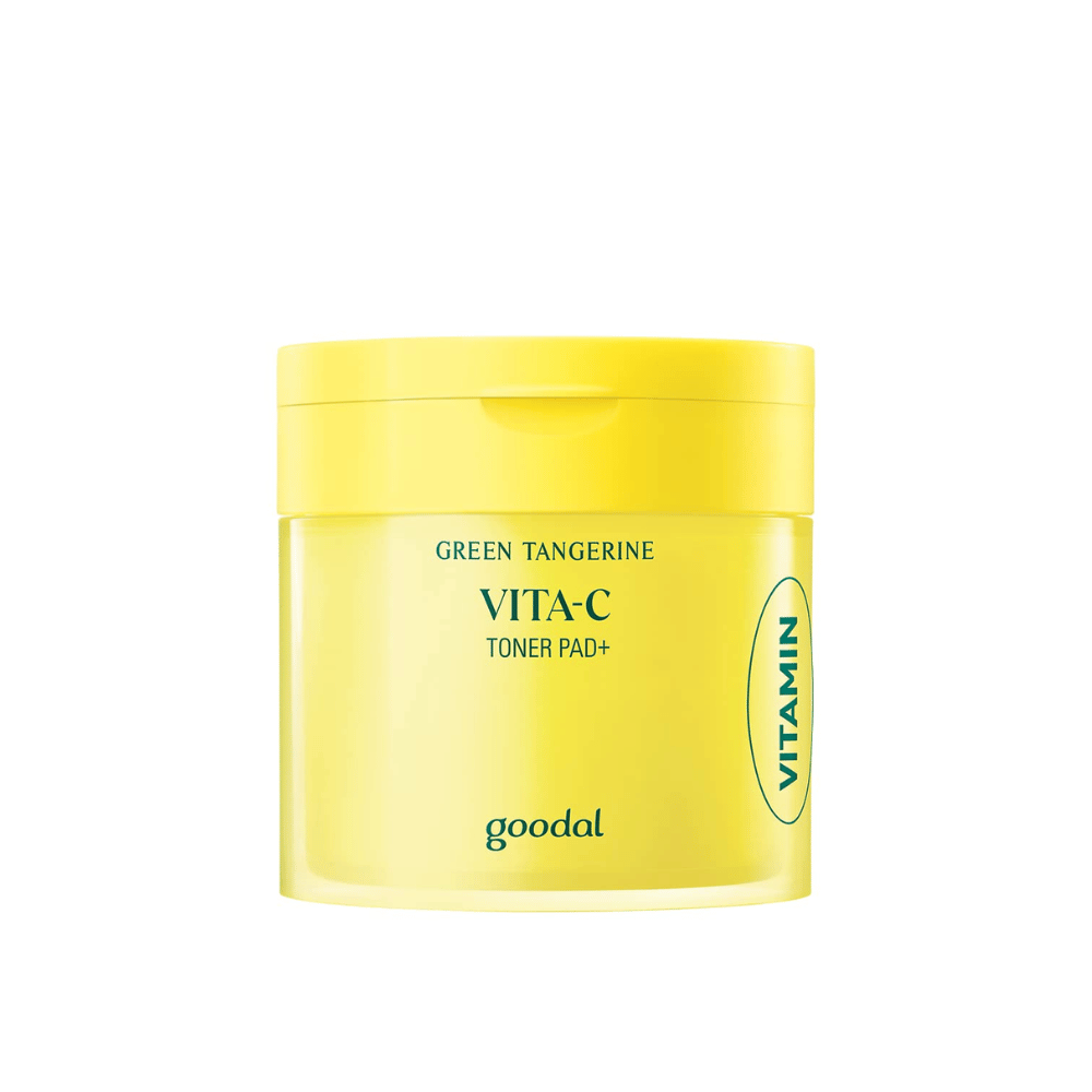 A light yellow container labeled "GREEN TANGERINE VITA-C TONER PAD+" by the brand "goodal", with a side marking indicating "VITAMIN".