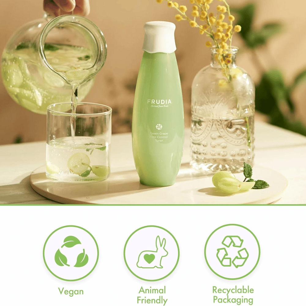 Frudia Green Grape Pore Control Toner in a natural environment with green grapes and water symbolizing fresh pore care, hydration, and balanced skin with vegan Korean skincare.