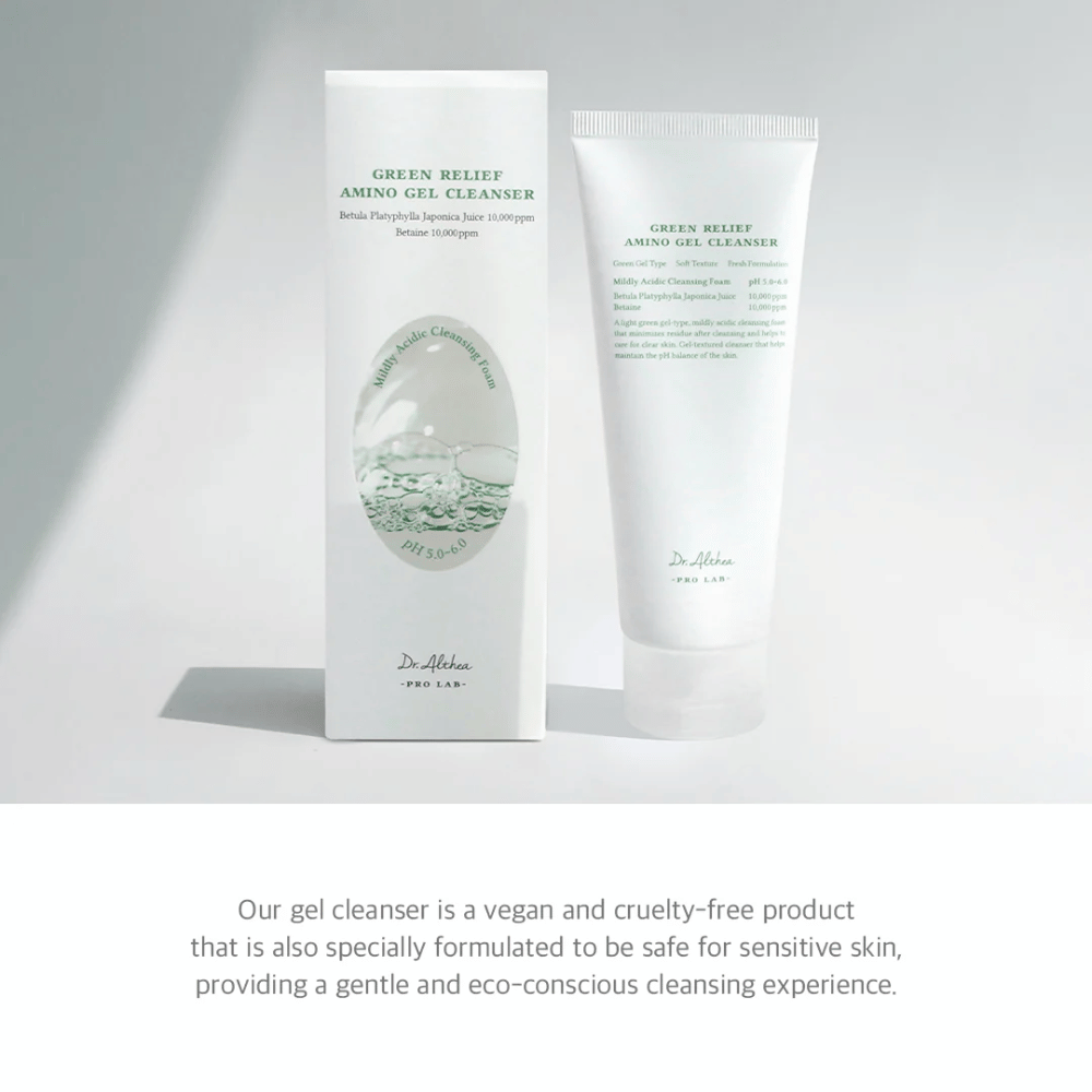 Dr. Althea Green Relief Amino Gel Cleanser is a vegan, cruelty-free cleansing with a mild gel texture. Specially designed for sensitive skin and environmentally conscious use.