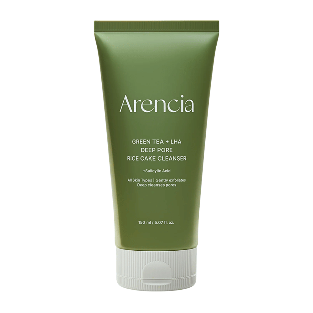 Clean product image of Arencia Green Tea + LHA Deep Pore Rice Cake Cleanser in a green tube design with a focus on minimalist and modern packaging.