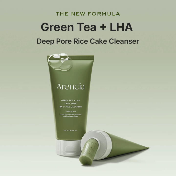 Campaign image for Arencia Green Tea + LHA Deep Pore Rice Cake Cleanser highlighting the new formula with green tea and LHA for deep cleansing of pores.
